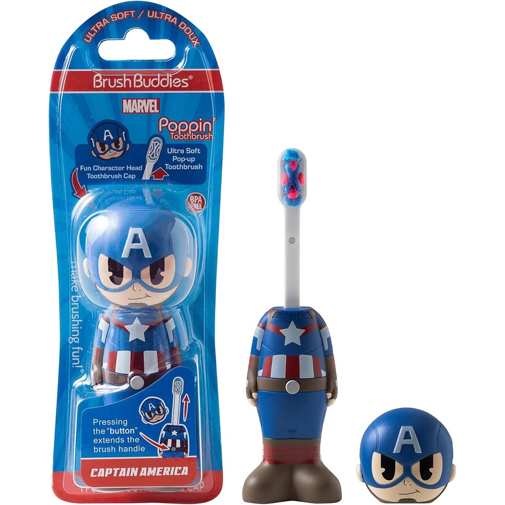 Brush Buddies Marvel Captain America Poppin Toothbrush for kids featuring superhero travel cap.