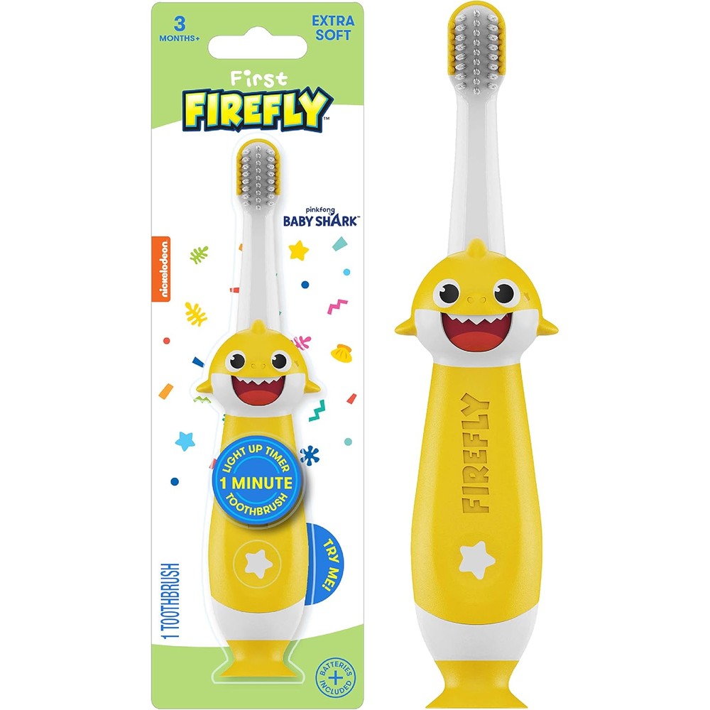 Firefly Baby Shark Training Light Up Toothbrush front view for infant oral care.