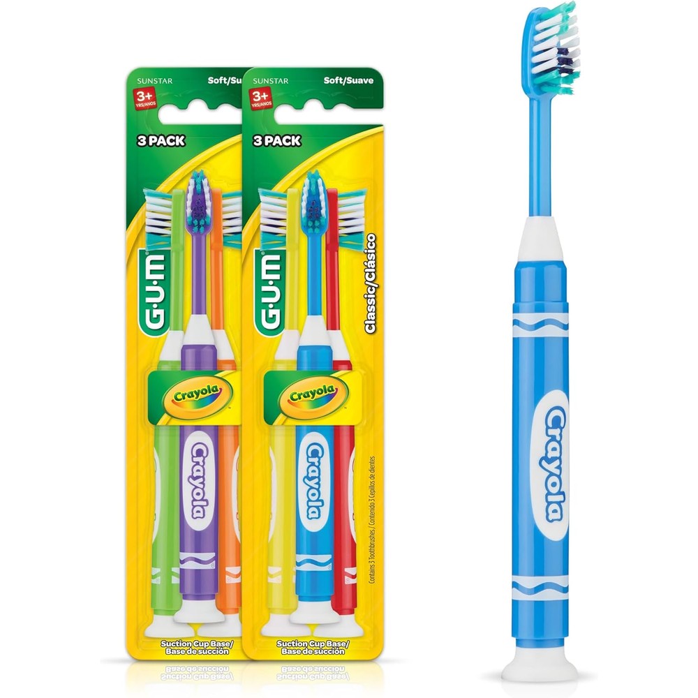 GUM Crayola Marker Children's Toothbrush front view pack of six colorful soft bristled brushes for kids.