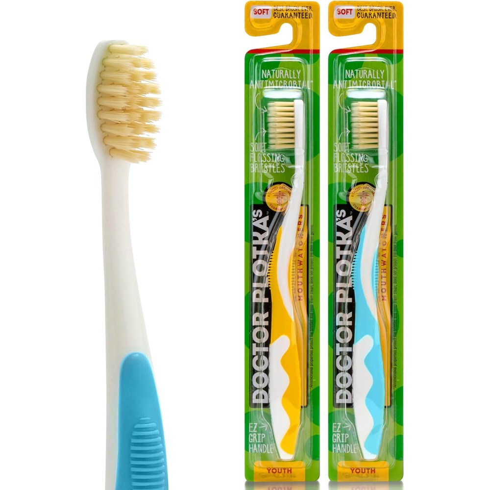 Mouthwatchers soft childrens flossing manual toothbrush yellow and blue two pack front view