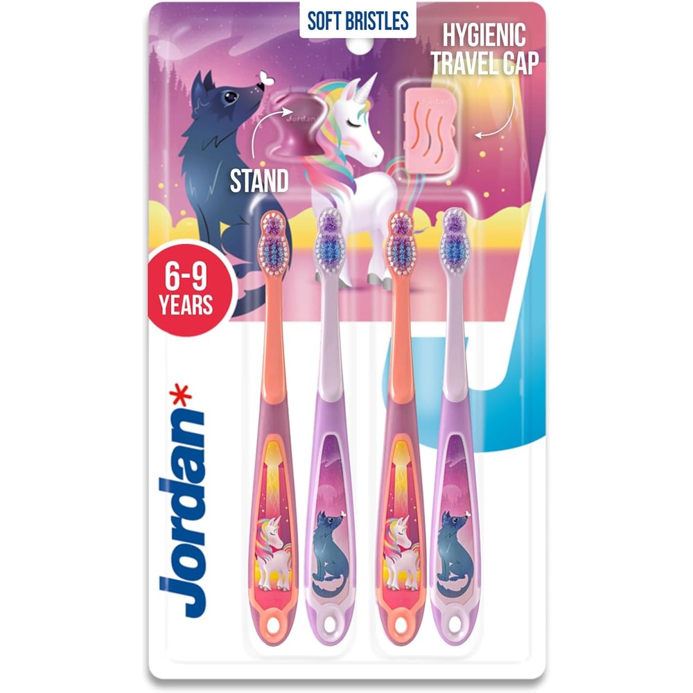 Jordan Step 2 Kids Toothbrush Pink 4 Pack front view imported soft bristle toothbrush