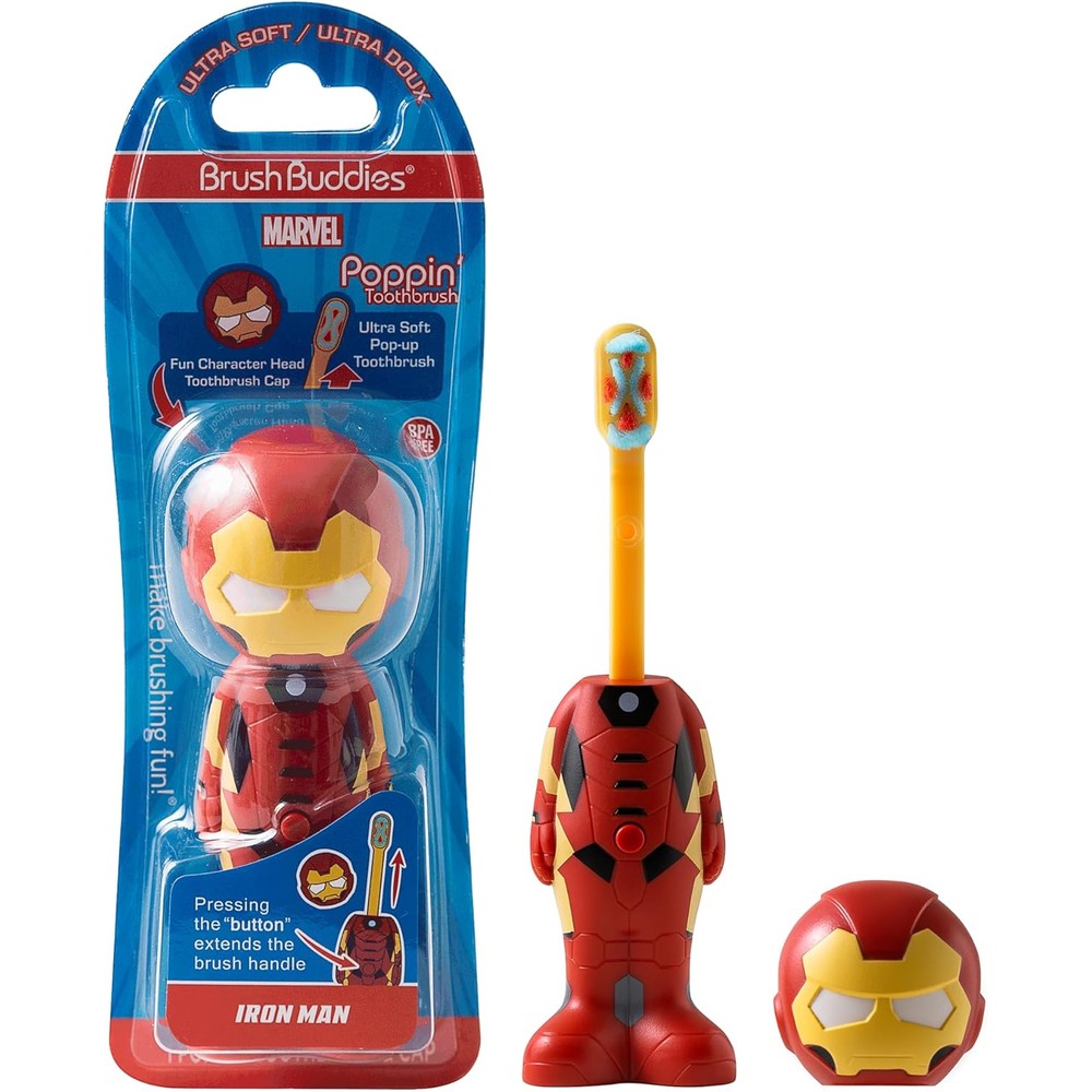 Brush Buddies Marvel Iron Man kids manual toothbrush with pop up cap front view