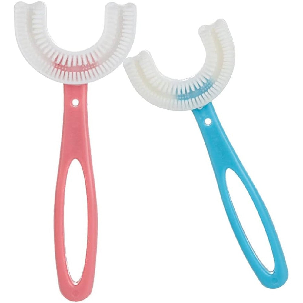 Claiol U-Shaped Kids Toothbrush front view pack of two soft training toothbrushes in pink and blue colors.