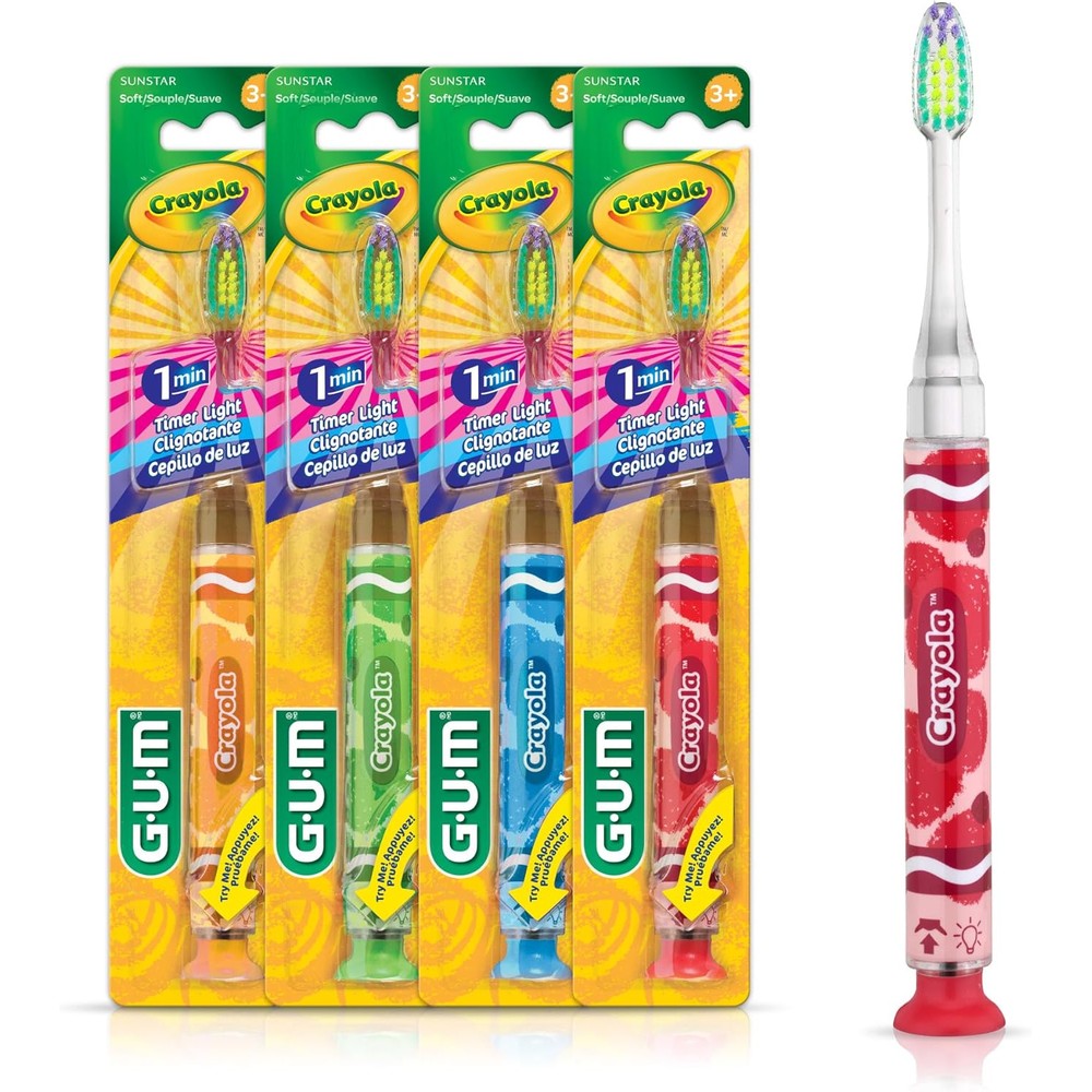 GUM Crayola Timer Light Toothbrush for Kids 4 pack front view showing colorful handles and suction cup bases.