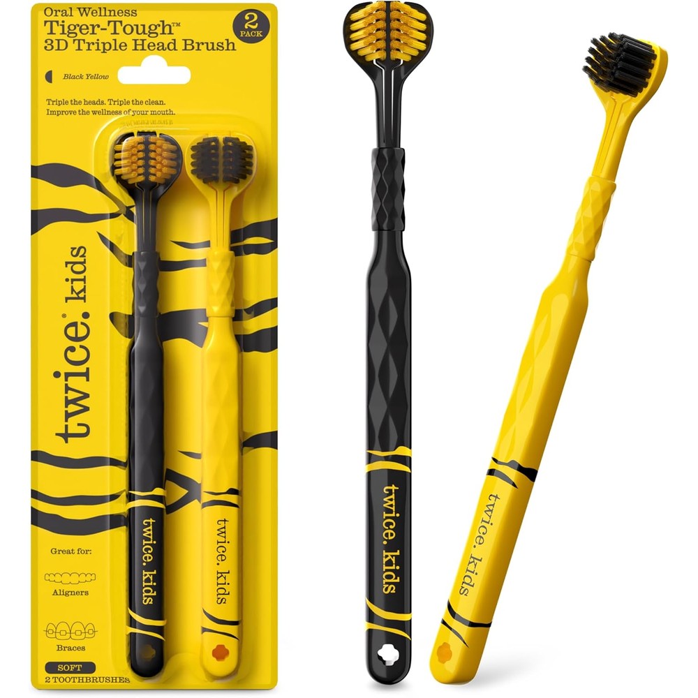 Twice Kids 3D Triple Head Toothbrush front view of black and yellow pack