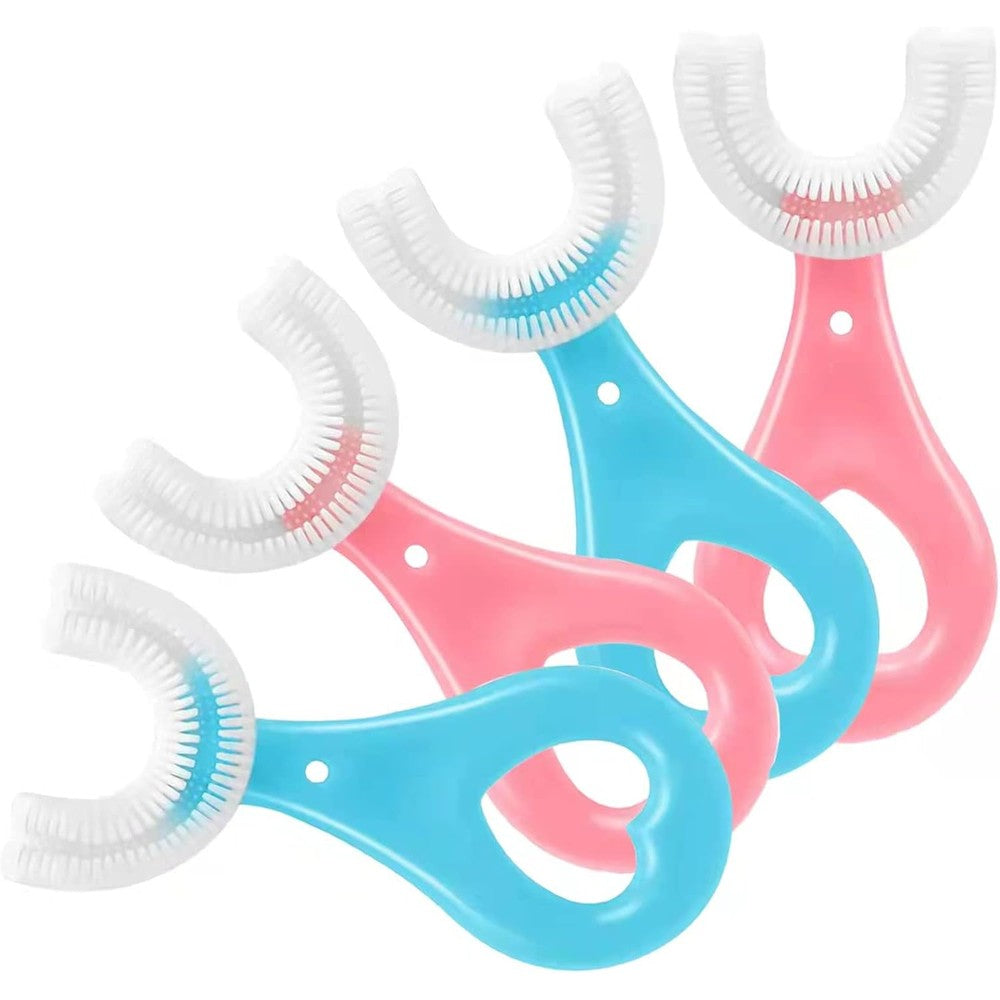 ANOOVV U shaped kids toothbrush four pack front view featuring pink and blue silicone toddler brushes for oral care.