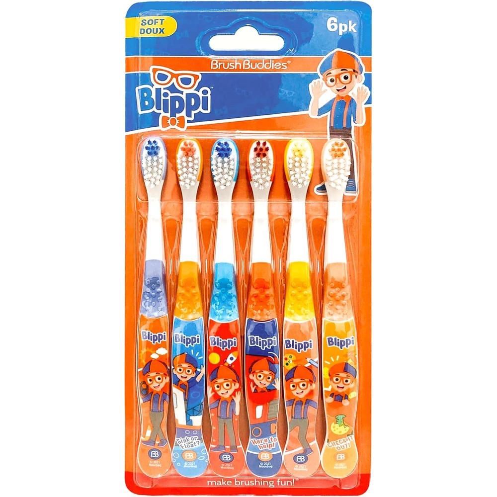 Brush Buddies Blippi Kids Manual Toothbrushes 6 pack front view with soft bristles.