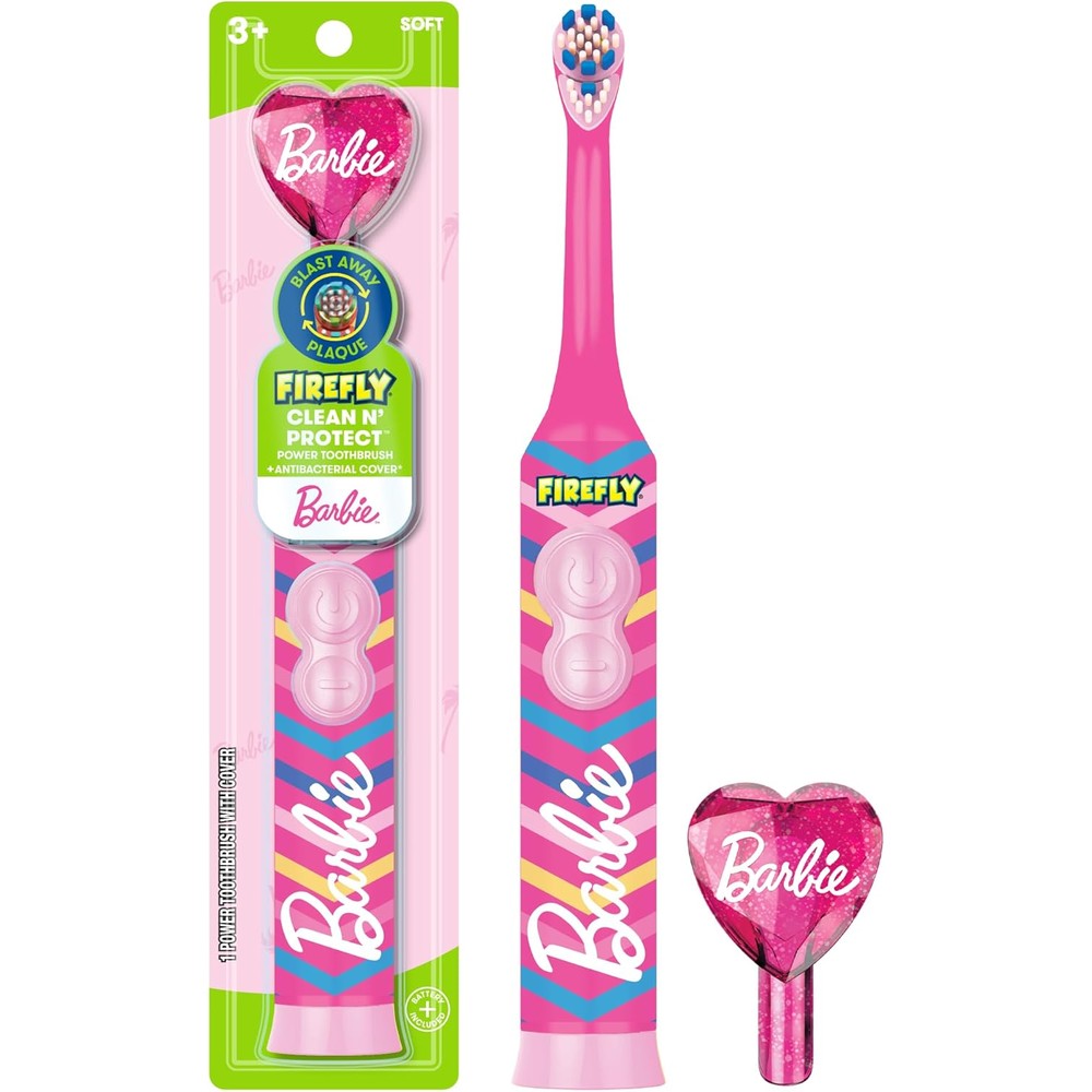 Firefly Clean N' Protect Barbie battery powered toothbrush front view featuring soft bristles and antibacterial cover