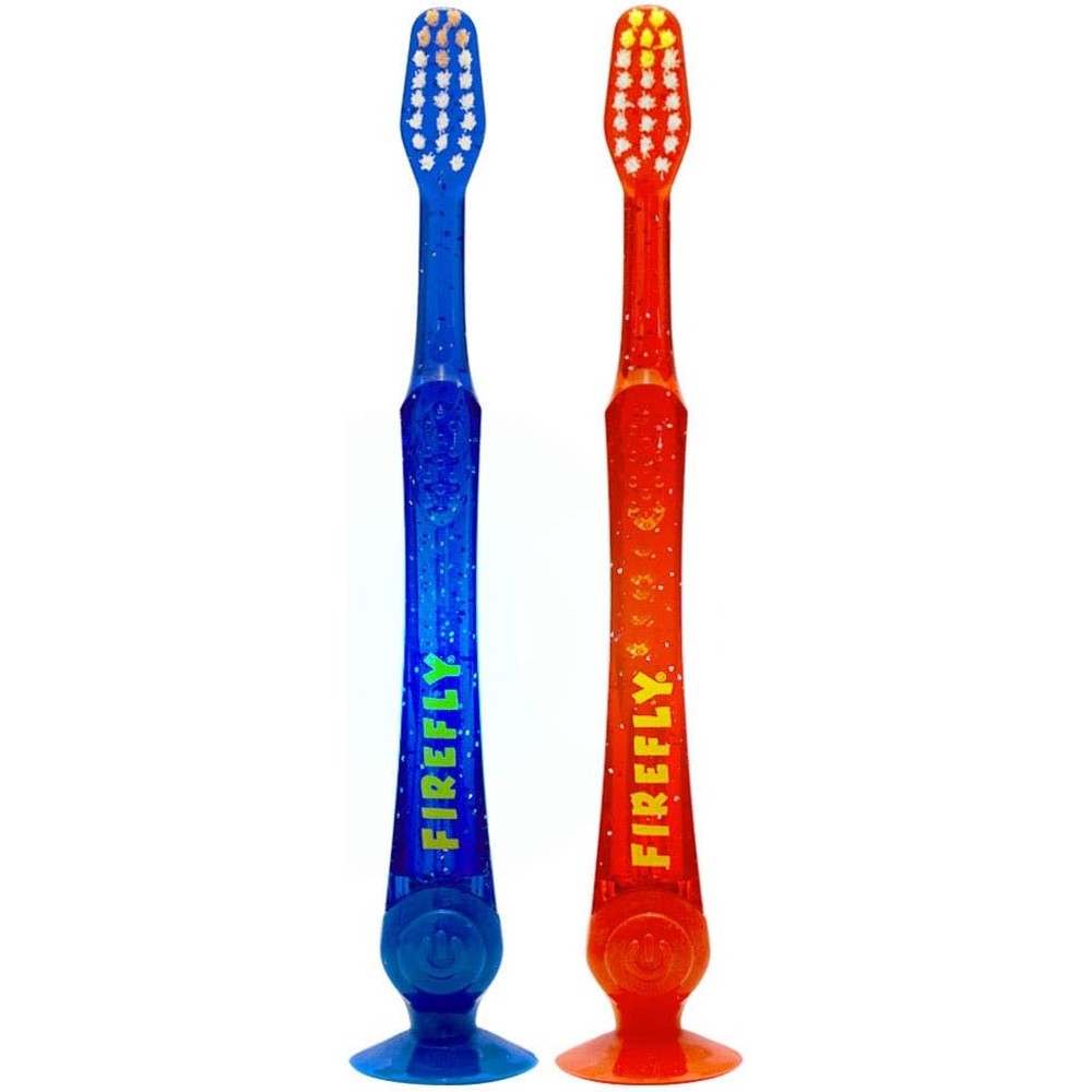 Firefly Light-Up Timer Kids Toothbrush 2 Count front view with flashing timer and suction cup.