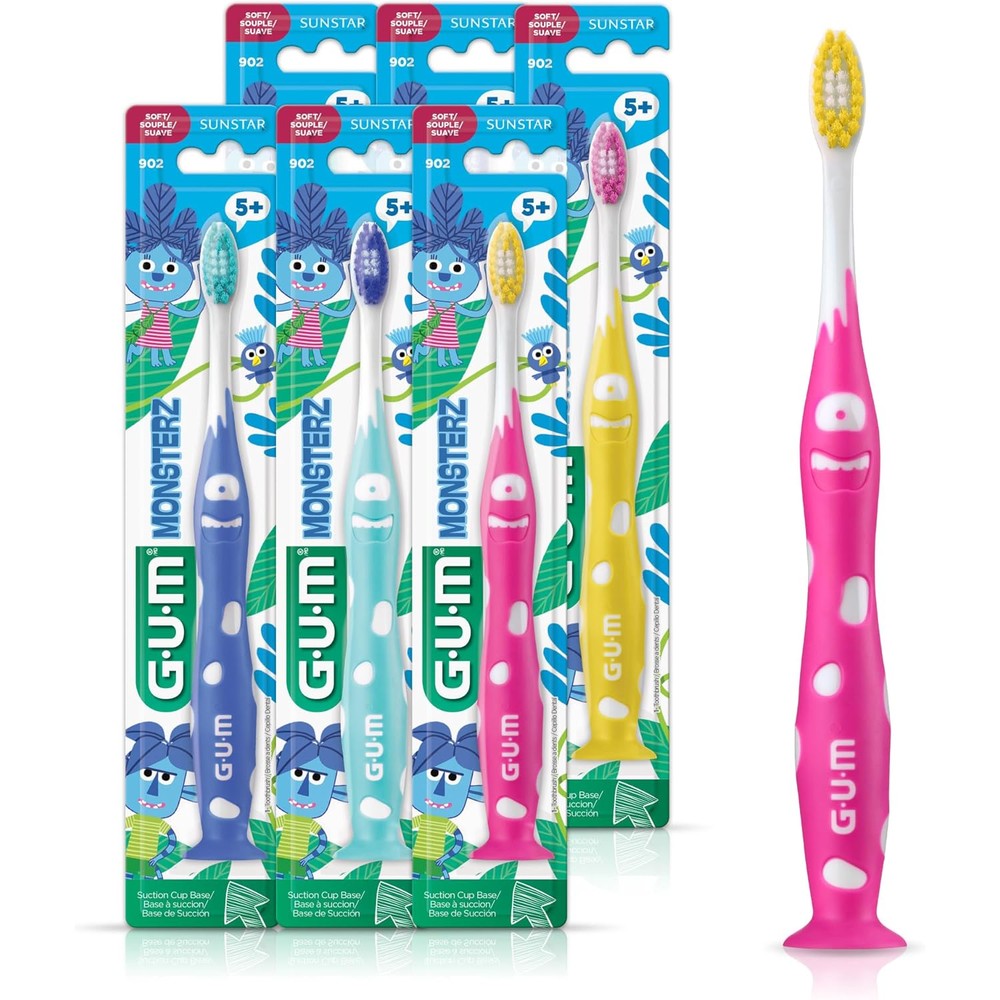 GUM Monsterz Jr Kids Toothbrush pack of six showing suction cup base and soft bristles.