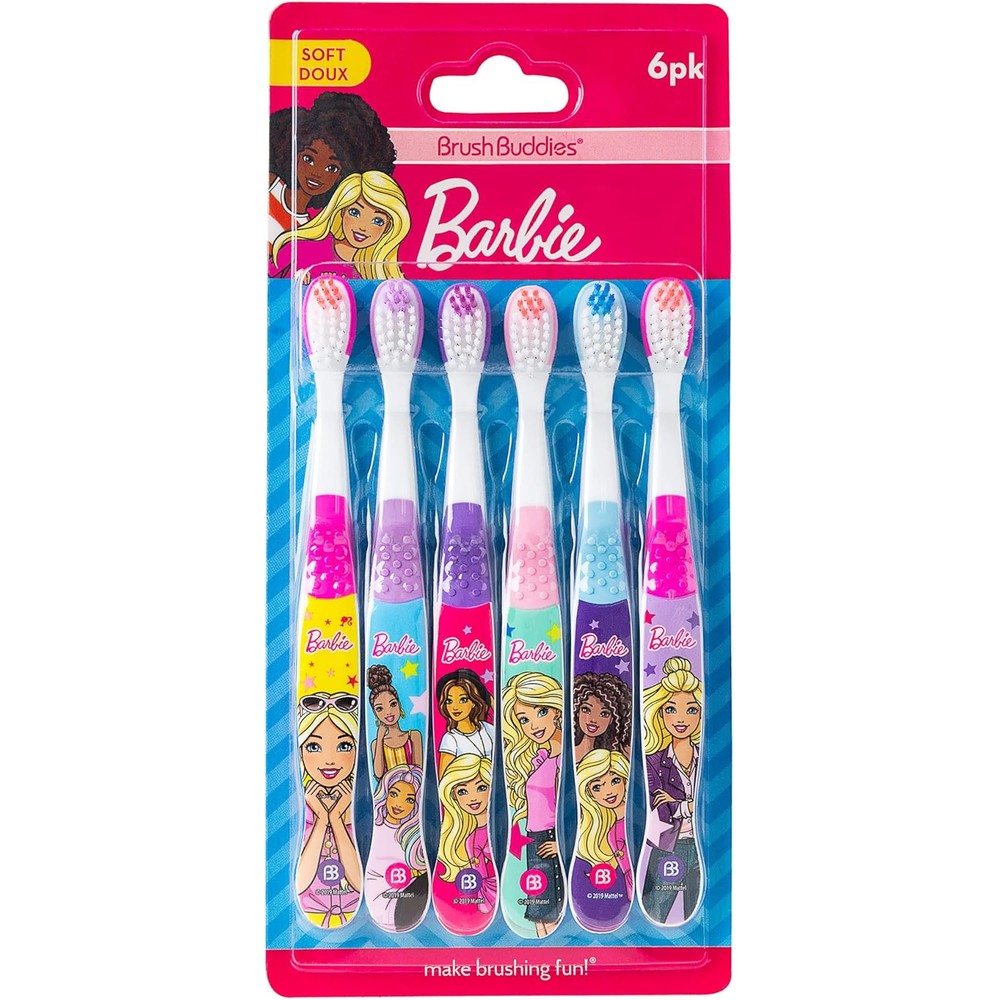 Brush Buddies Barbie Kids Soft Bristle Toothbrush Six Pack front view showcasing assorted pastel colors and character designs.
