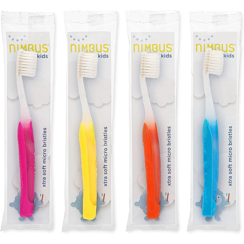 Nimbus NIMBY kids extra soft toothbrush 4 pack front view for sensitive gum protection.