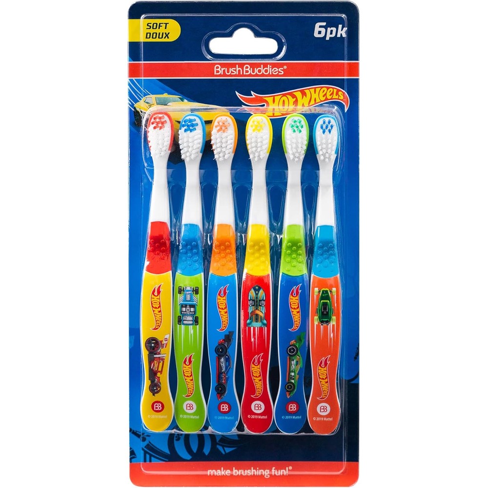Brush Buddies Hot Wheels Kids Toothbrush 6 Pack front view soft bristle oral care