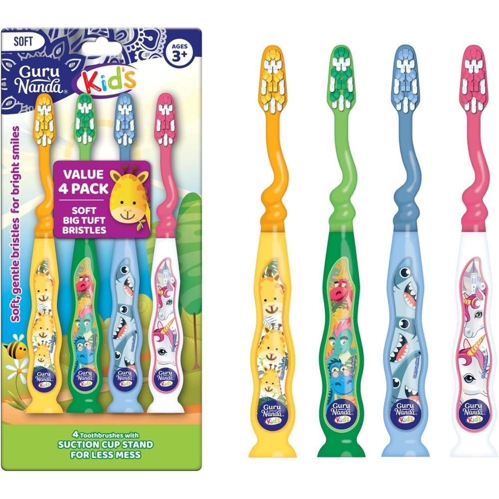 GuruNanda kids toothbrush four pack front view showing colorful animal designs and suction cup bases