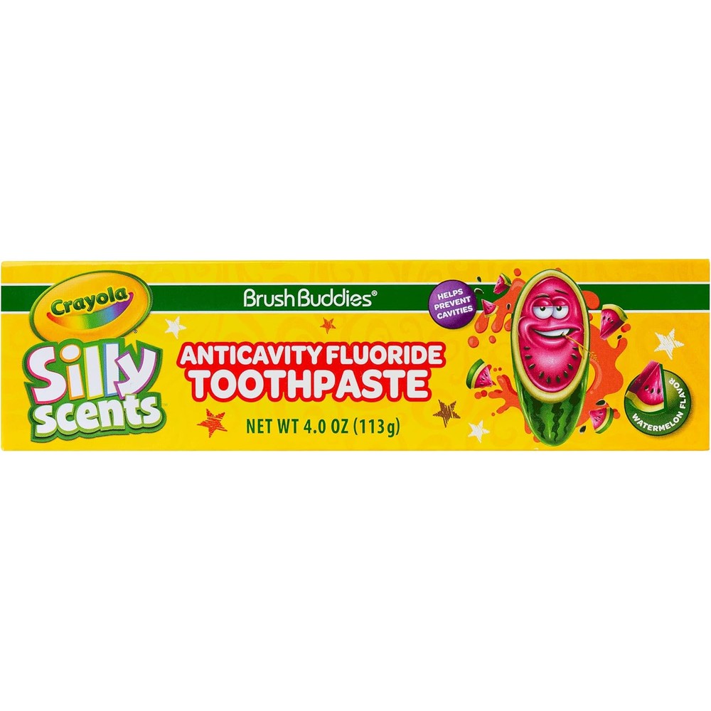 Brush Buddies Crayola Silly Scents Watermelon Toothpaste front view for kids cavity protection.