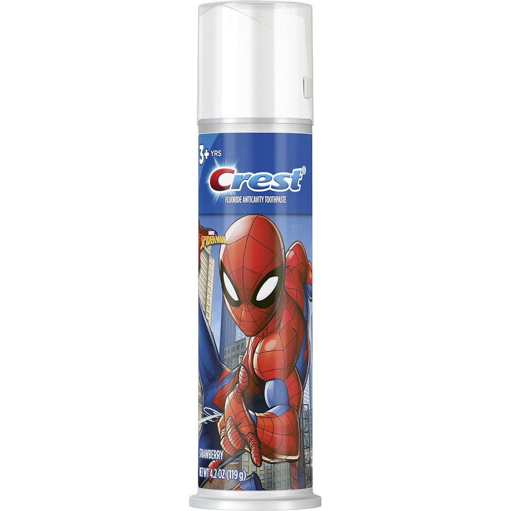 Crest Kid's Spiderman Toothpaste Pump front view for anticavity protection.