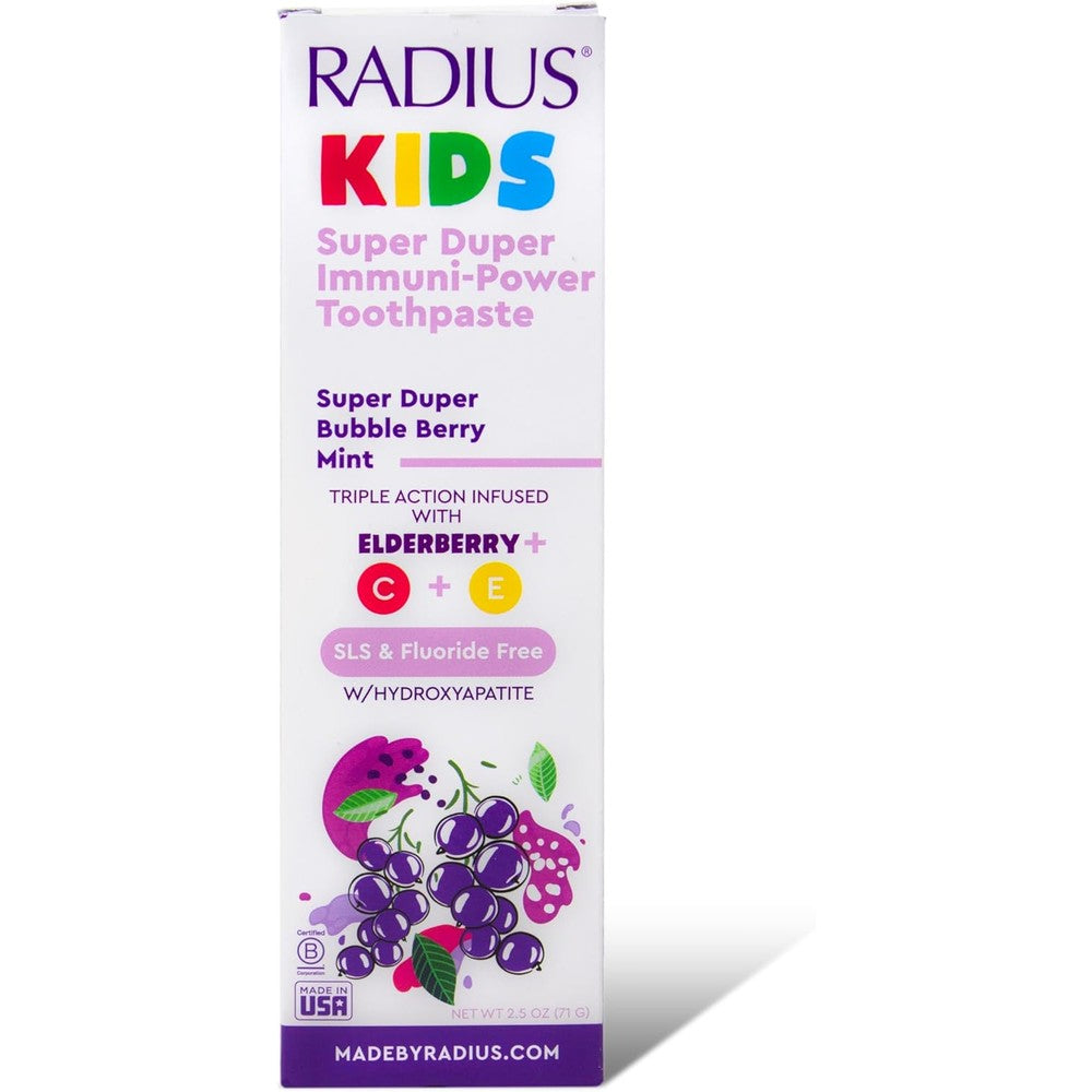 Radius Kids Super Duper Immunity Power Toothpaste front view fluoride free formula.