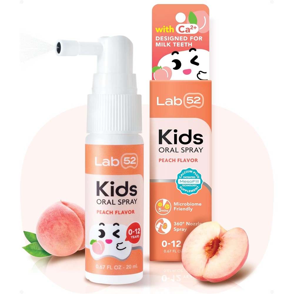 LAB52 Kids Oral Spray front view peach flavor bottle for cavity prevention