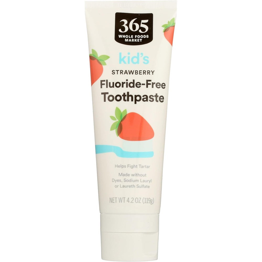 365 by Whole Foods Market Kid's Fluoride-Free Toothpaste Strawberry front view natural dental care