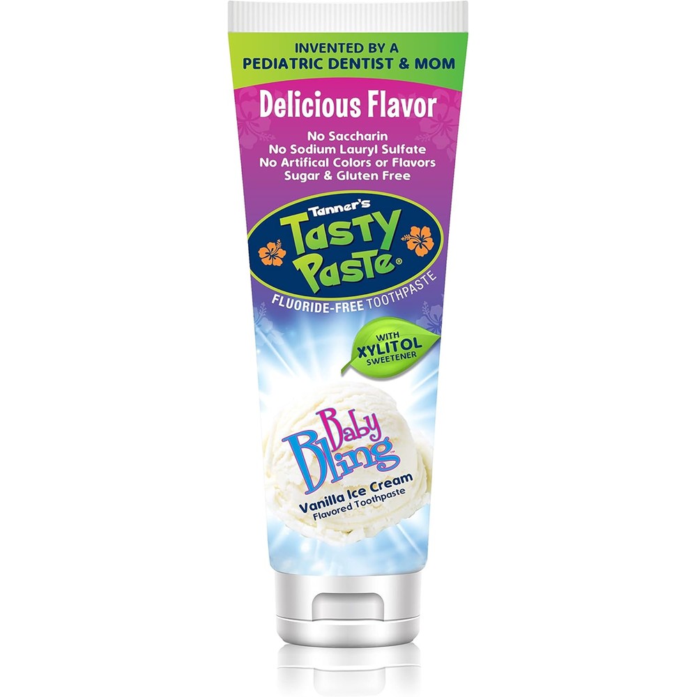 Tanner's Tasty Paste Baby Bling vanilla toothpaste front view for kids oral care.