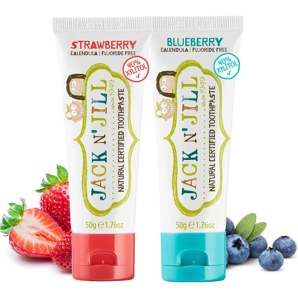 Jack N' Jill Natural Kids Toothpaste front view of strawberry and blueberry 2 pack
