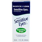 Bausch + Lomb Sensitive Eyes Rewetting Drops front view of packaging for contact lens relief