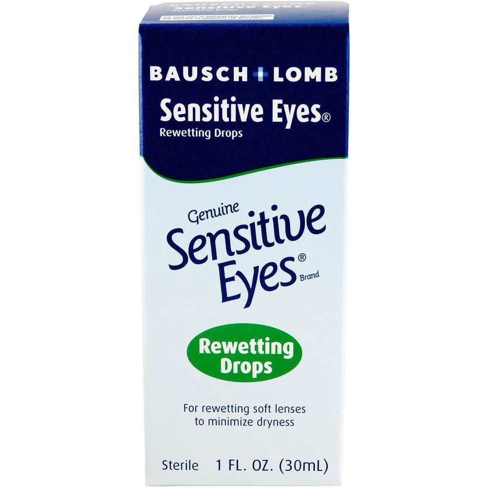 Bausch + Lomb Sensitive Eyes Rewetting Drops front view of packaging for contact lens relief