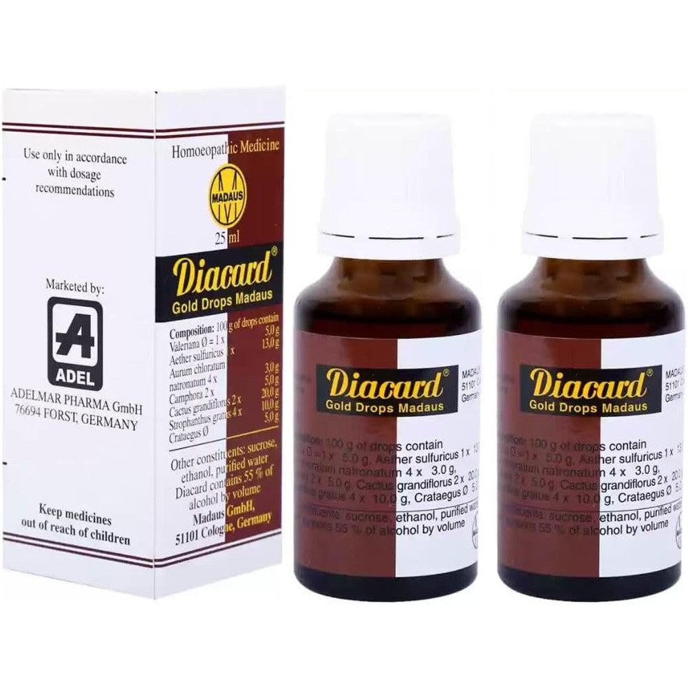 ADEL Diacard Gold Drops Madaus twin pack front view showcasing authentic homeopathic heart care formulation