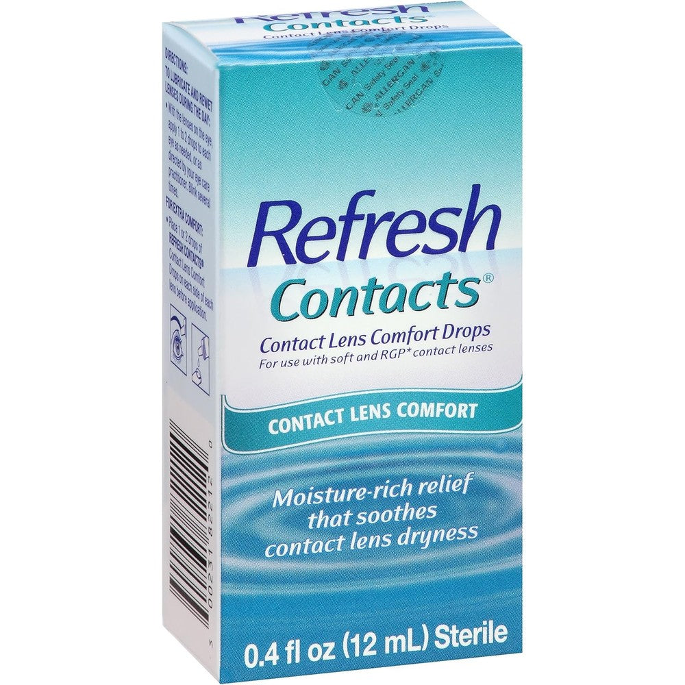 Refresh Contacts Contact Lens Comfort Eye Drops 12ml front view of USA imported packaging