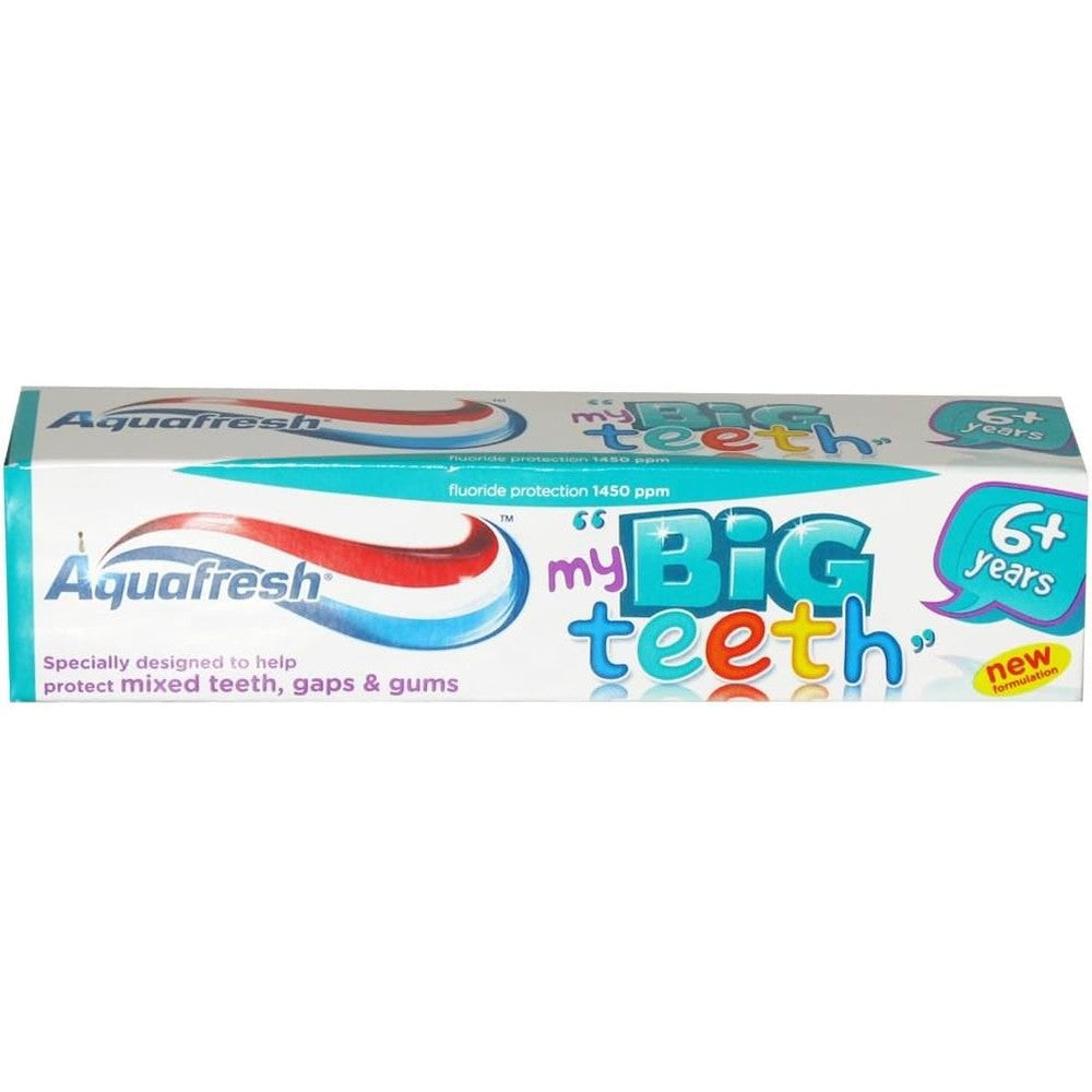 Aquafresh Fluoride Toothpaste Big Kids 6+ Years Fresh Mint tube front view for cavity protection.