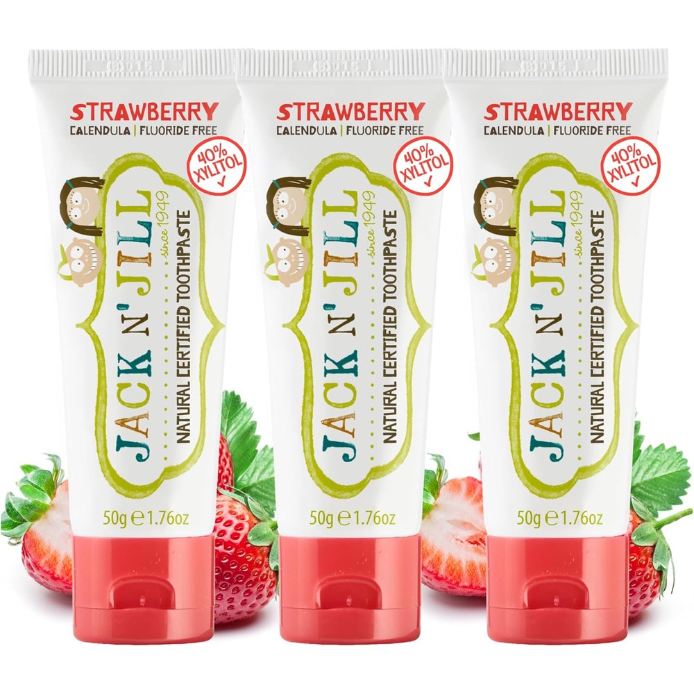 Jack N' Jill Natural Toddler Toothpaste Strawberry Pack of 3 front view imported oral care.
