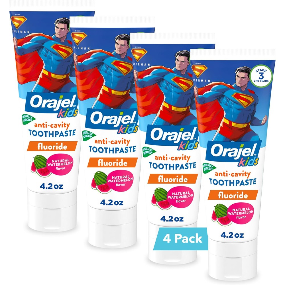 Orajel Kids Superman Anti-Cavity Toothpaste 4-pack front view for cavity protection.