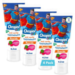 Orajel Kids Superman Anti-Cavity Toothpaste 4-pack front view for cavity protection.