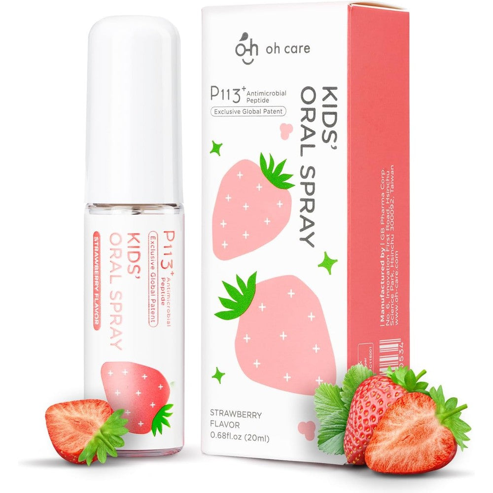 Oh Care Kids Mouth Spray Strawberry front view for cavity protection