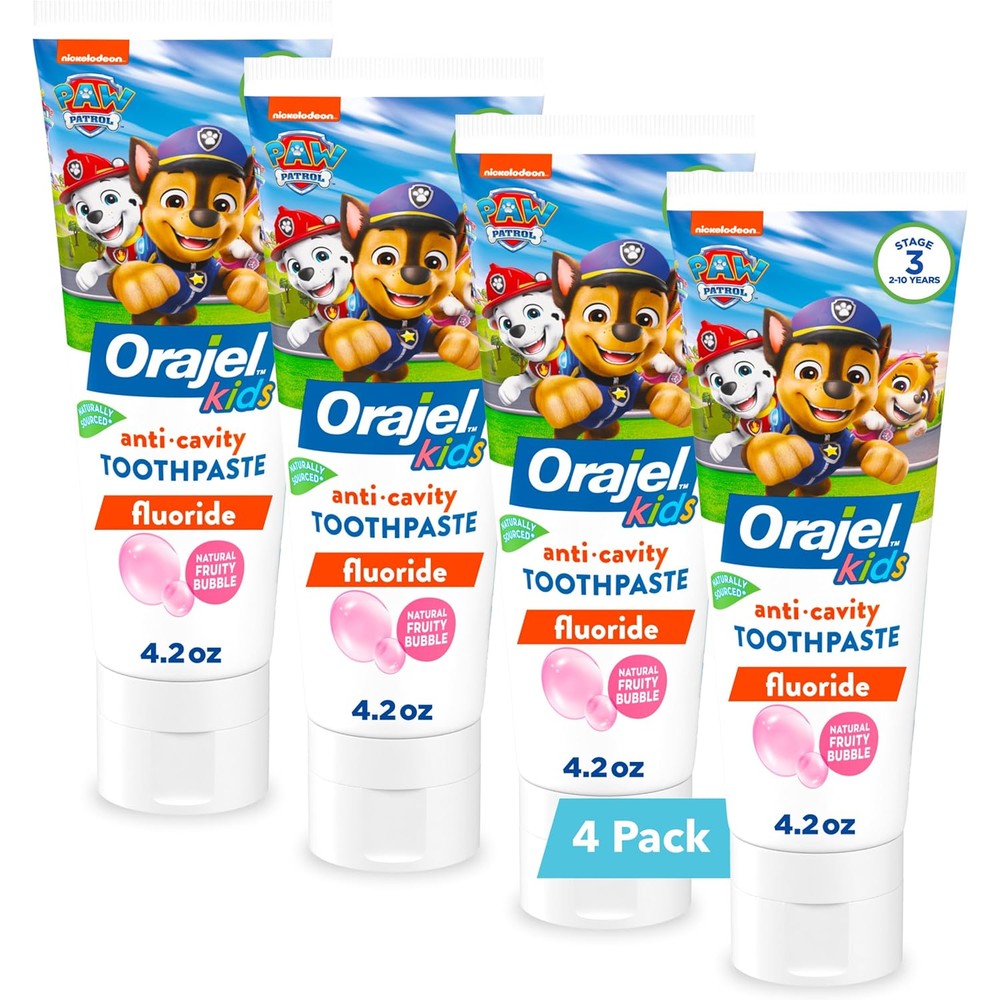 Orajel Kids Paw Patrol Anti-Cavity Fluoride Toothpaste 4-pack front view for cavity protection.