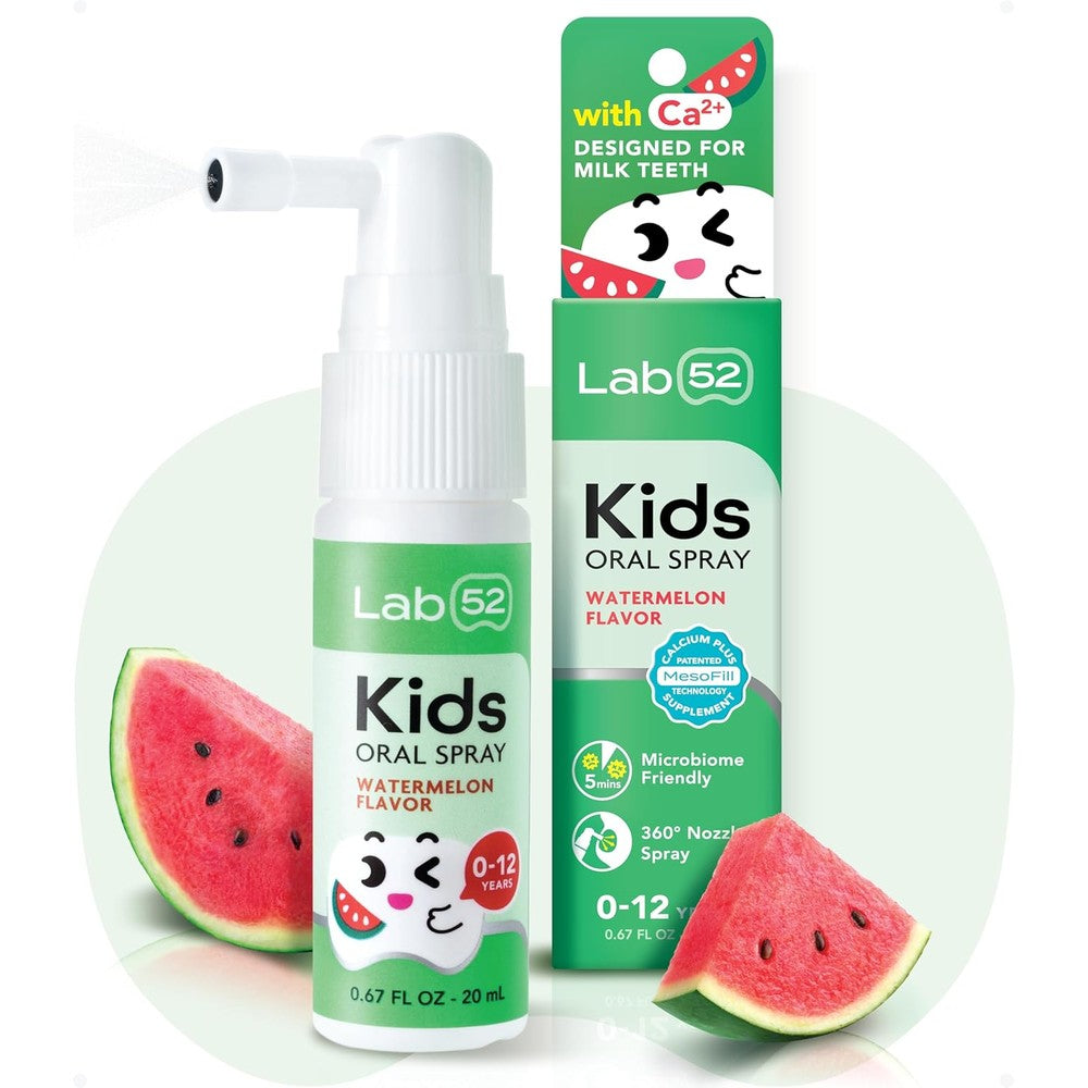 LAB52 Kids Oral Spray front view showing watermelon flavor packaging for cavity repair.