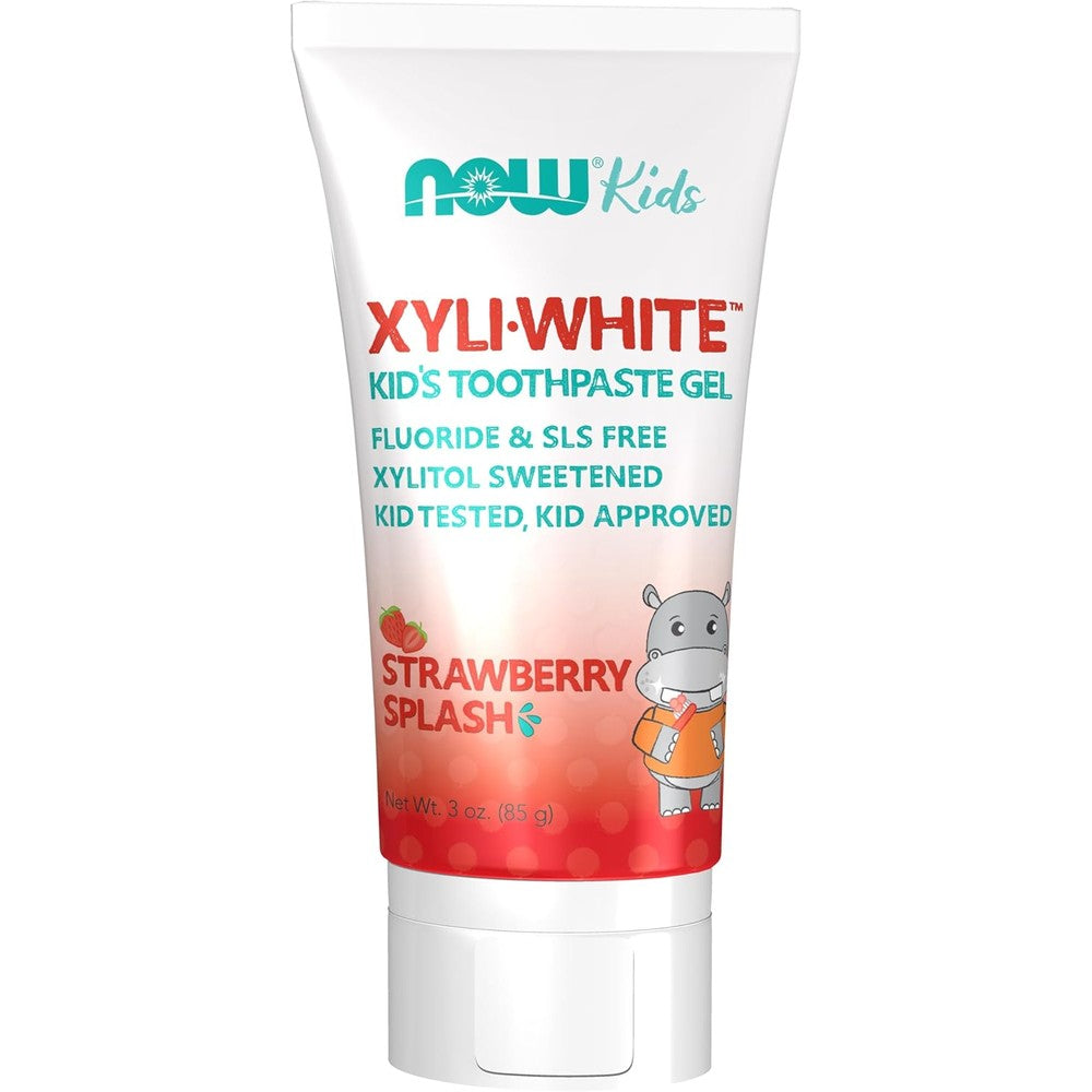 NOW Foods XyliWhite Kids Strawberry Toothpaste Gel front view for fluoride free dental care.