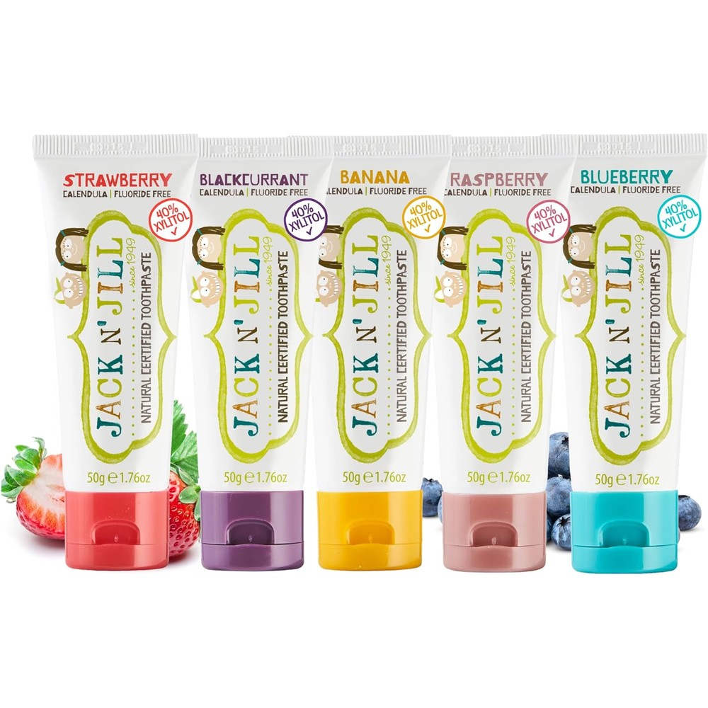 Jack N' Jill Natural Toddler Toothpaste Variety Pack front view showing 5 tubes.