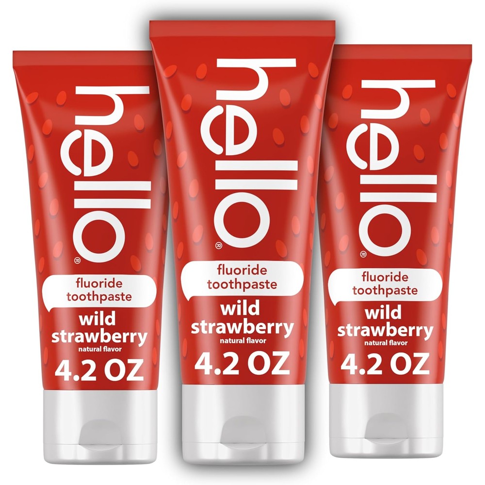 Hello Wild Strawberry Kids Fluoride Toothpaste three pack front view