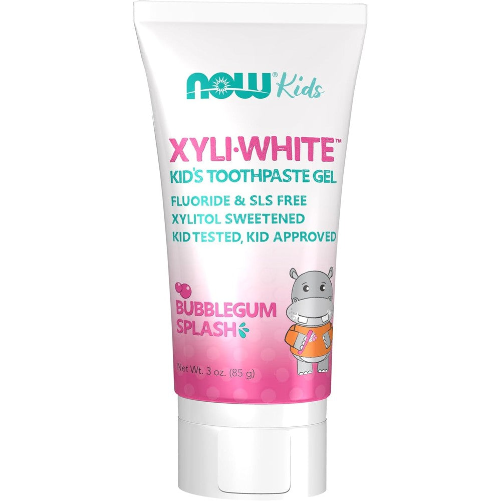 NOW Foods XyliWhite Kids Bubblegum Toothpaste Gel front view for fluoride-free oral care.