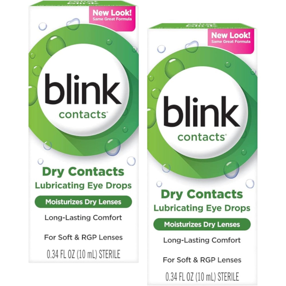 Blink Contacts Lubricating Eye Drops front view of the two pack packaging showcasing the imported eye care product.