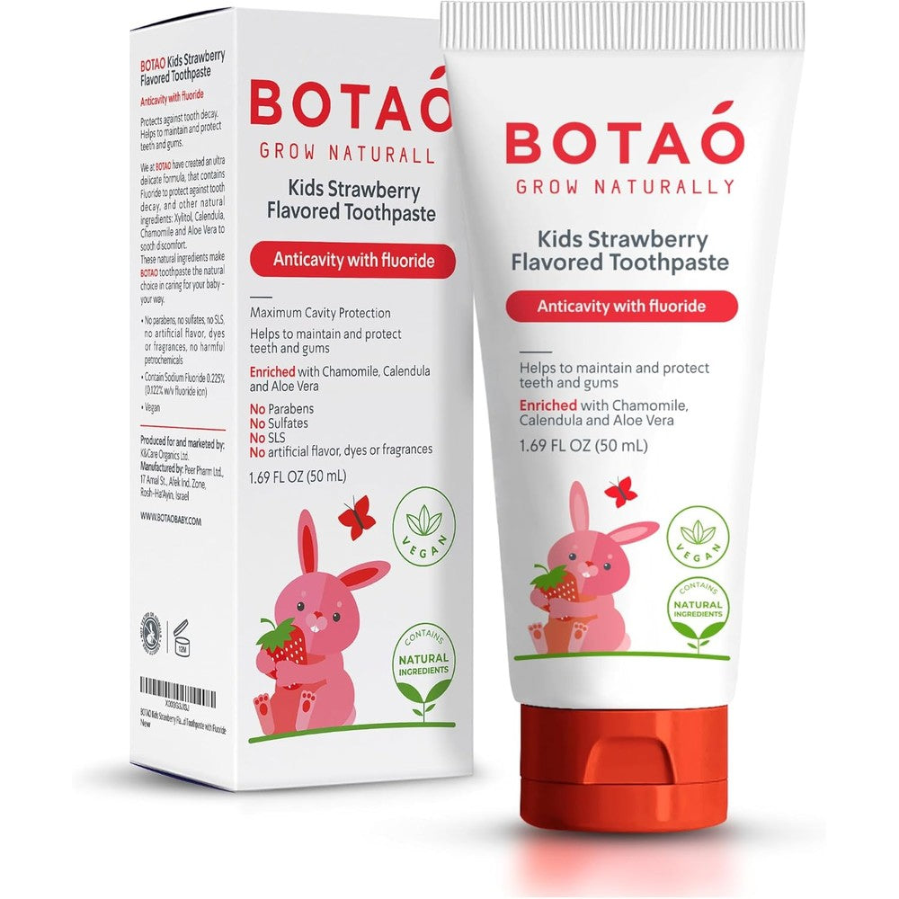 Botao Kids Natural Strawberry Toothpaste front view for cavity protection.