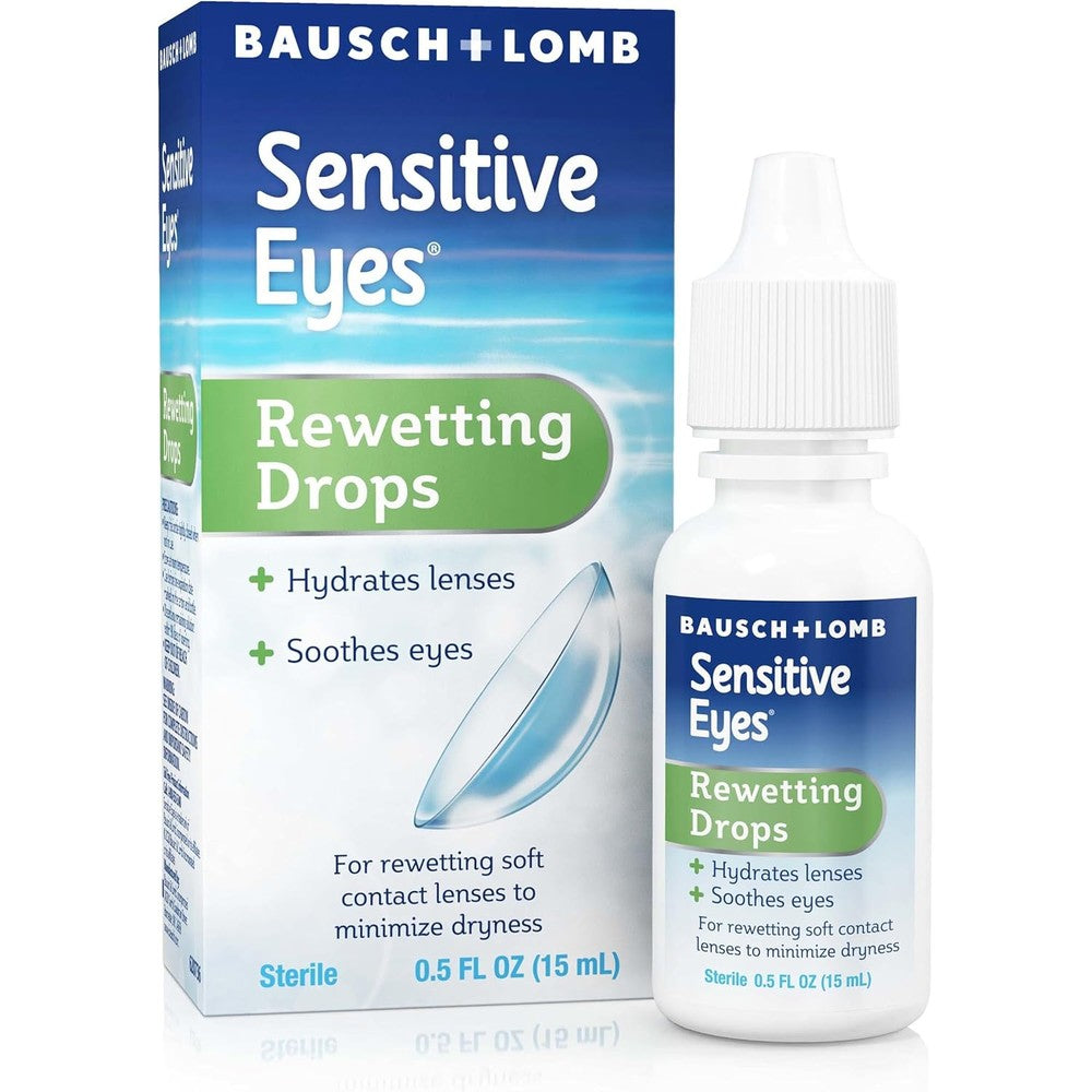 Bausch and Lomb Sensitive Eyes Contact Lens Rewetting Drops front view packaging for sensitive eye relief