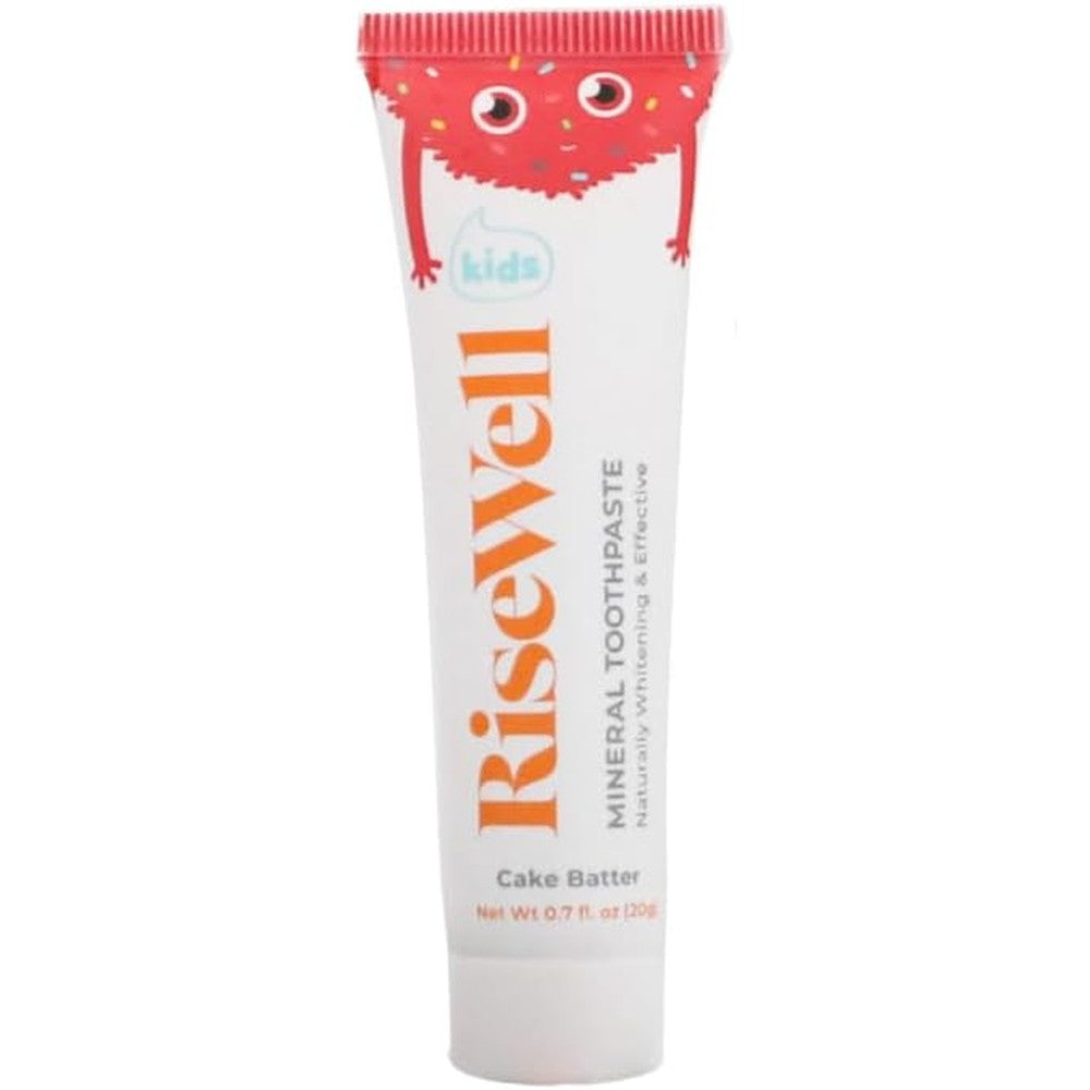 RiseWell Kids Mineral Toothpaste Cake Batter travel tube front view showing hydroxyapatite benefit.