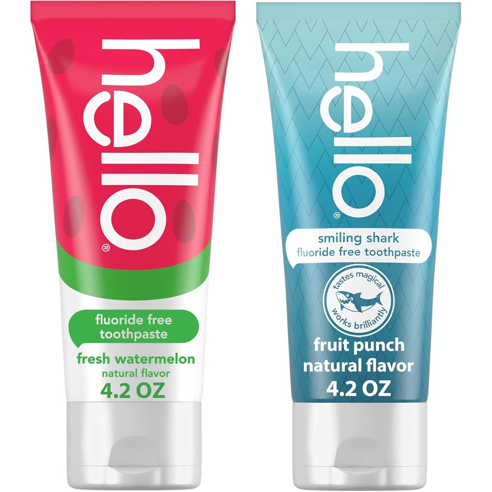 Hello Smiling Shark and Watermelon Kids Toothpaste 2-pack front view for plaque removal.