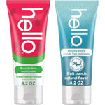 Hello Smiling Shark and Watermelon Kids Toothpaste 2-pack front view for plaque removal.