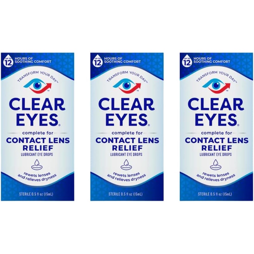 Clear Eyes Contact Lens Relief Soothing Eye Drops three pack front packaging view