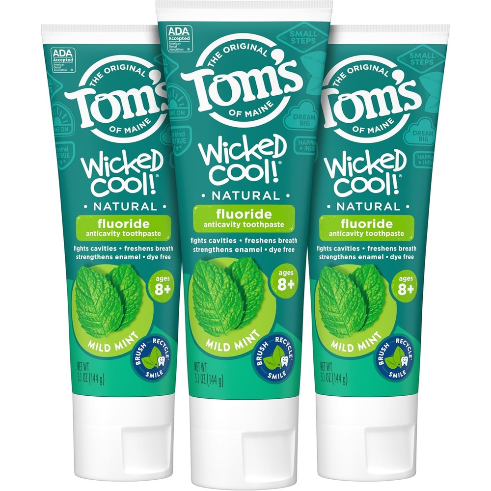 Tom's of Maine Wicked Cool Children's Toothpaste 3-pack front view for cavity protection.
