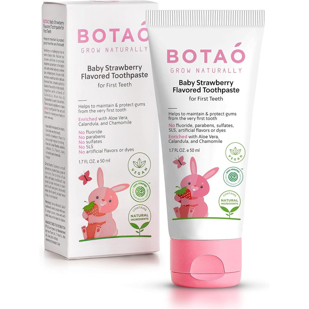 BOTAO Fluoride Free Baby Toothpaste strawberry flavor box front view organic training care