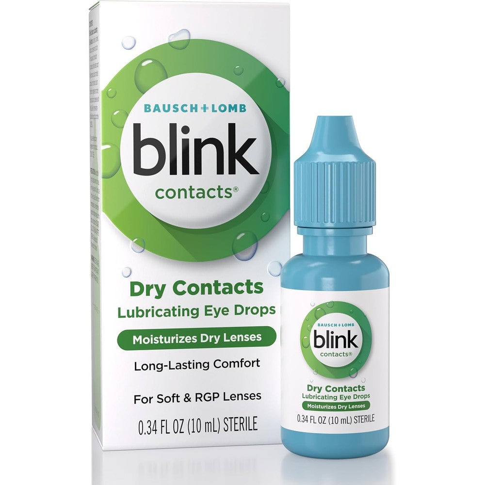 Blink Contacts Lubricating Eye Drops 0.34 fluid ounce front packaging view for contact lens relief